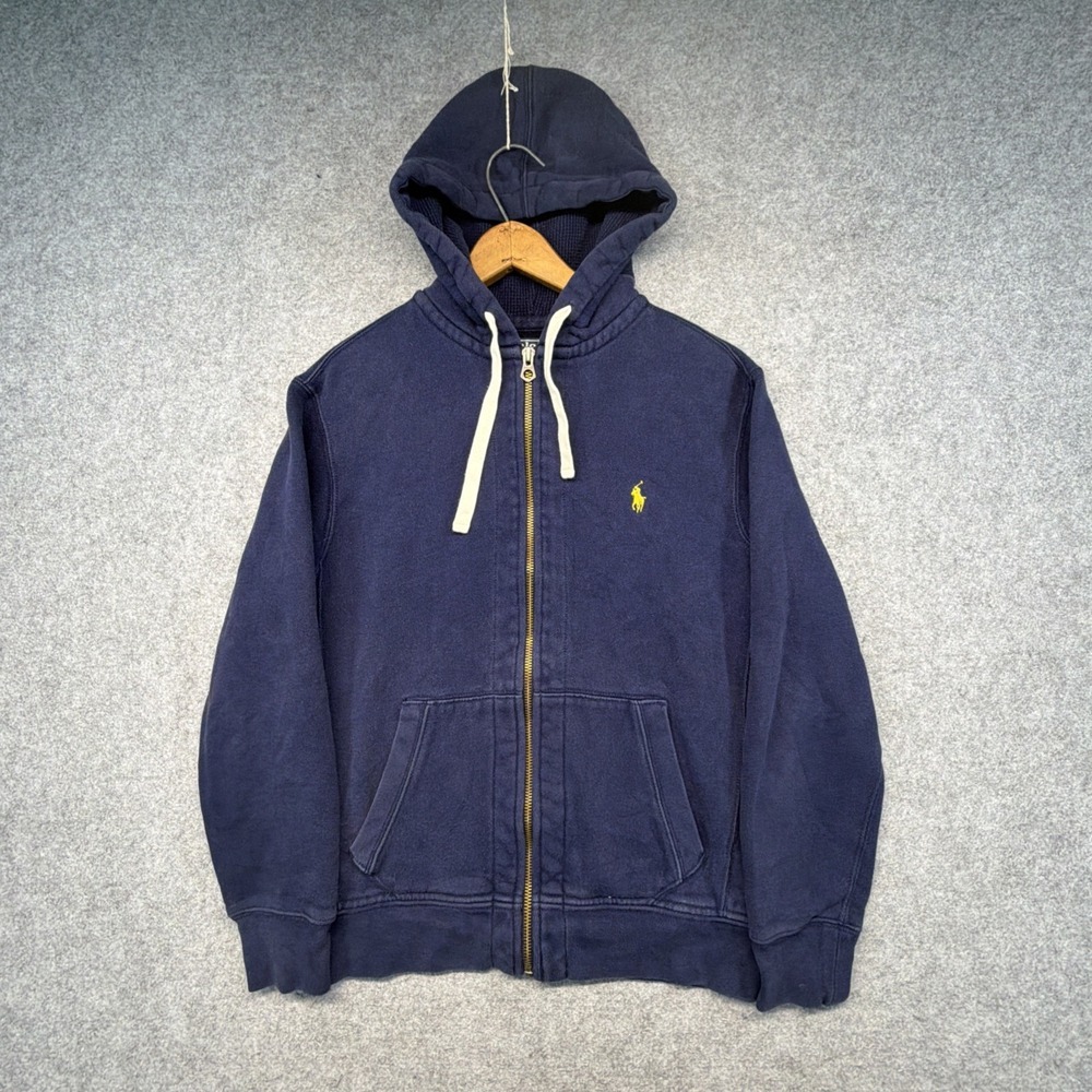 Polo Ralph Lauren Full Zip Waffle Hoodie Navy Blue Men's Medium Yellow Pony
